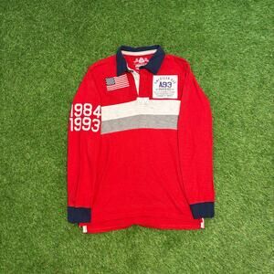 American Rag Long Sleeve Rugby Shirt Red Men’s Medium Polo USA Flag Patch 1984